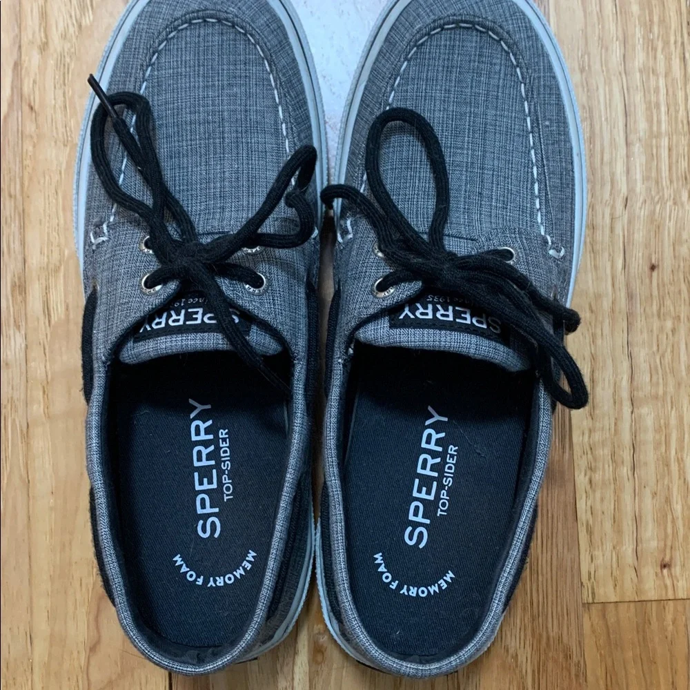 Sperry Gray Canvas Boat Shoes with Black Laces